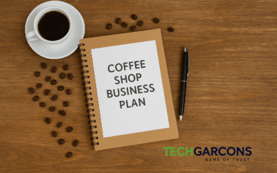 Coffee shop business plan notebook with coffee cup and TechGarcons logo