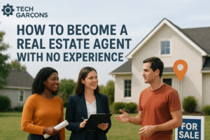 How to become a real estate agent with no experience – Tech Garçons guide with professionals discussing property in front of a house for sale
