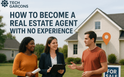 How to become a real estate agent with no experience – Tech Garçons guide with professionals discussing property in front of a house for sale