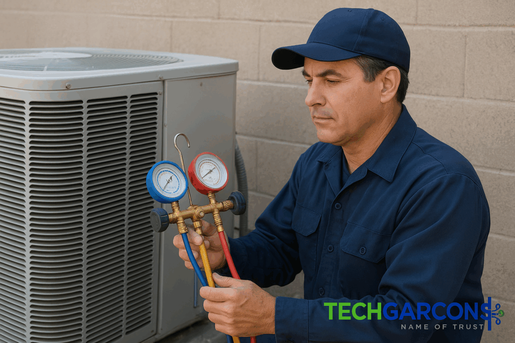 A professional HVAC technician installing and servicing air conditioning equipment, representing how to start an HVAC business, with the TechGarcons logo watermark