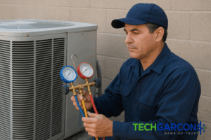 A professional HVAC technician installing and servicing air conditioning equipment, representing how to start an HVAC business, with the TechGarcons logo watermark
