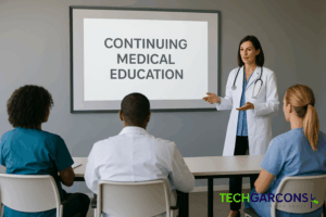 A female medical instructor in a lab coat presenting a Continuing Medical Education (CME) session to healthcare professionals, with the TechGarcons logo watermark in the bottom corner