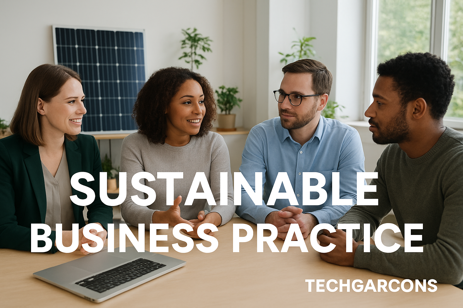 Business team adopting sustainable business practices in eco-friendly office - TechGarcons