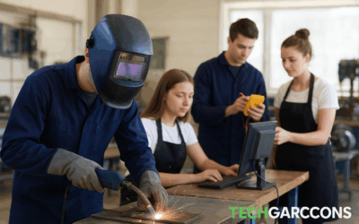 Students learning hands-on skills in a trade school classroom with TechGarcons logo