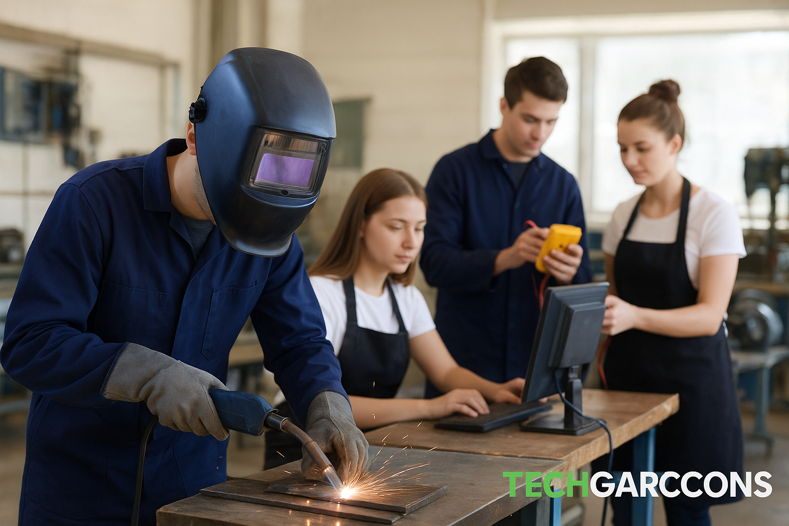 Students learning hands-on skills in a trade school classroom with TechGarcons logo