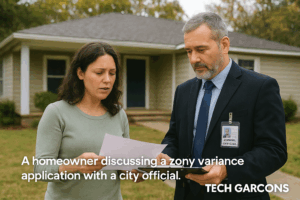 Homeowner discussing a zoning variance application with a city official outside a suburban house.