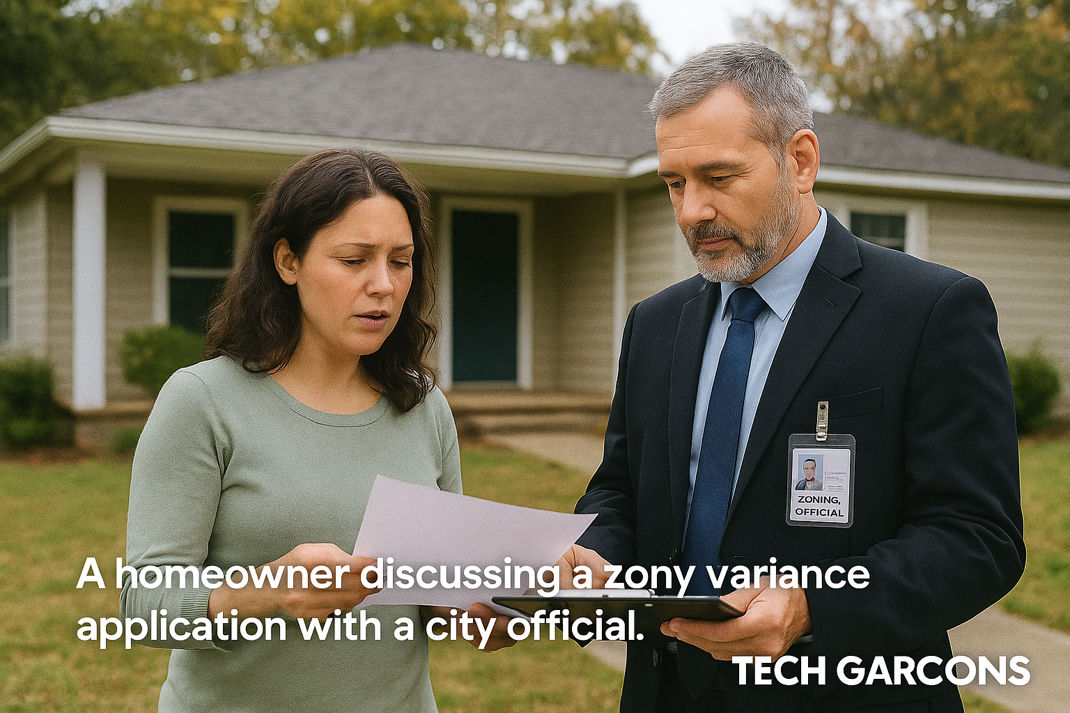Homeowner discussing a zoning variance application with a city official outside a suburban house.