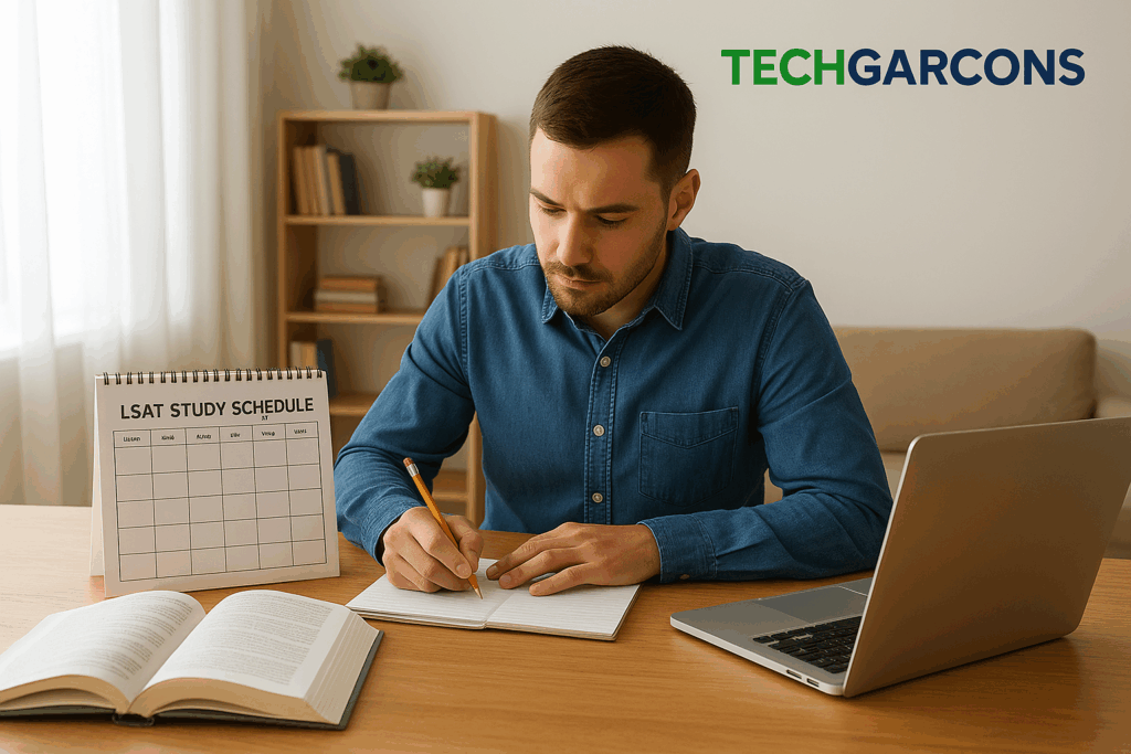 “LSAT study schedule plan with calendar and books”