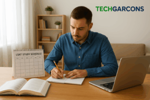 “LSAT study schedule plan with calendar and books”