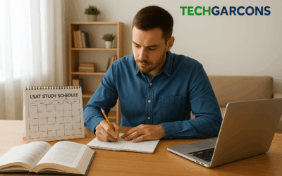 “LSAT study schedule plan with calendar and books”